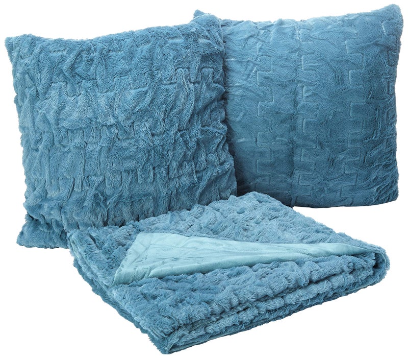 Comfort Spaces Ruched Faux Fur Plush Throw Blanket and Pillow Set with 2 Matching Square Pillow Covers Sofa Throw Blanket for Living Room, Chair, Couch, Home Office Luxurious Fuzzy Soft Teal 50"x 60" - Image 1